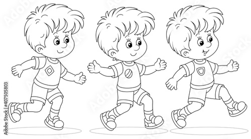 Cheerful little boys running a race at an athletics competition on a sports ground, black and white outline vector cartoon illustration for a coloring book page