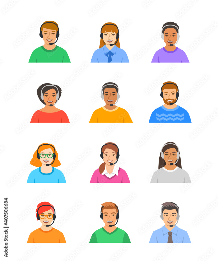 Call center customer support operators. Smiling faces of young client help consultants, men and women. Caucasian, African, Asian agents of contact center. Flat vector avatars Call center customer support operators. Smiling faces of young client help consultants, men and women. Caucasian, African, Asian agents of contact center. Flat vector avatars