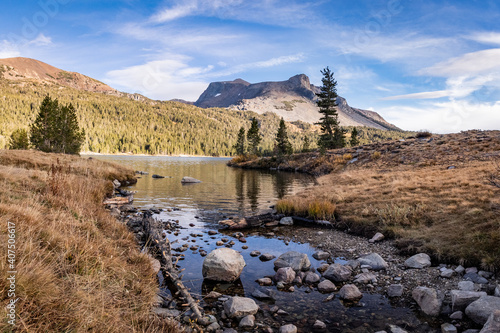 Tioga lake and Mount Dana morning view in Oktober near Tioga Pass entrance to Yosemite National Park, California, USA, Earth.  photo