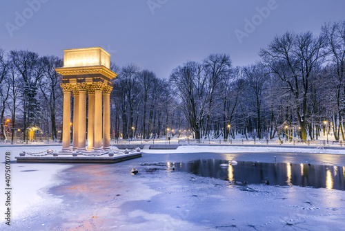 Jozef Bem Monument in City Park in Poland at Beautiful Winter Snow Time