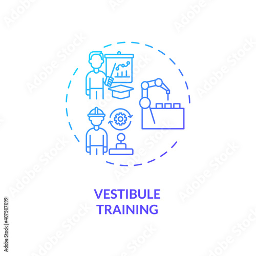 Vestibule training concept icon. Training mode using technology idea thin line illustration. Near-the-job education. Learning in special section. Vector isolated outline RGB color drawing
