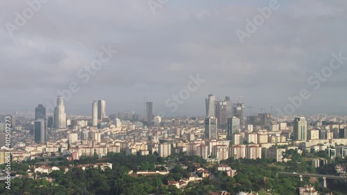 Istanbul view at sunrise.Skyscrapers,shopping centers. Red 4K Slow motion Video. photo