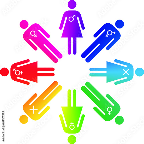People icons - gender fluidity, gender identity, sexuality. Rainbow in a circle.