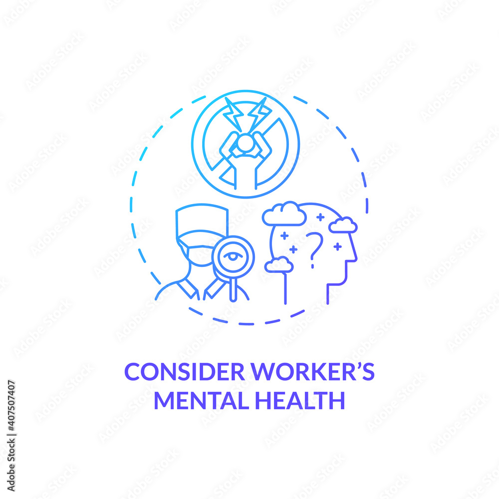 Considering worker mental health concept icon. Staff reboarding idea thin line illustration. Promoting good mental health practices. Safety, welfare. Vector isolated outline RGB color drawing Considering worker mental health concept icon. Staff reboarding idea thin line illustration. Promoting good mental health practices. Safety, welfare. Vector isolated outline RGB color drawing