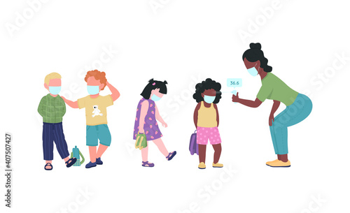 Preschool teacher check kids temperature during covid flat color vector faceless characters. Kindergarten during pandemic. New normal isolated cartoon illustration for web graphic design and animation