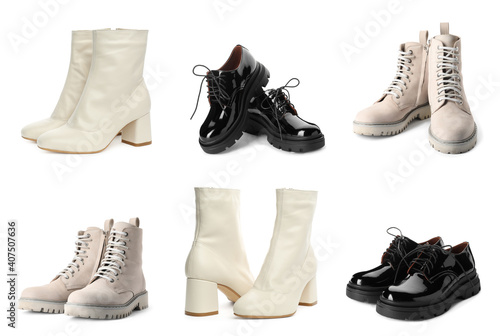 Set with stylish shoes on white background photo