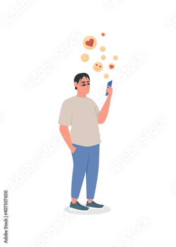 Social media obsessed flat color vector detailed character. Man with smartphone addiction. Online approval. Bad habit isolated cartoon illustration for web graphic design and animation