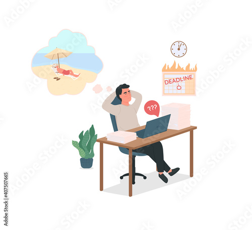 Procrastinating employee flat color vector detailed character. Urgent deadlines at work. Lazy man in office dreaming. Bad habit isolated cartoon illustration for web graphic design and animation