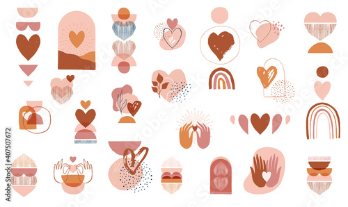 Collection of Boho Valentines day symbols and elements. Set of bohemian prints with earth color hearts and abstract shapes. 