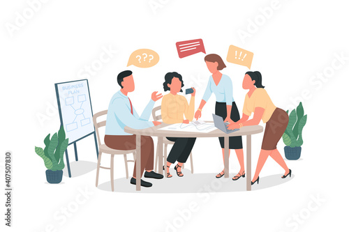 Arguing coworkers flat color vector faceless characters. Office meeting with bad communication. Conflict at workplace. Brainstorming isolated cartoon illustration for web graphic design and animation