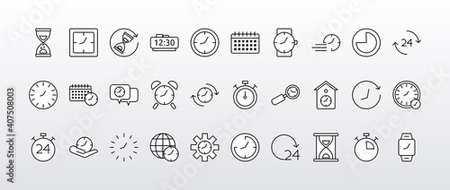 bundle of thirty time clocks line style set icons