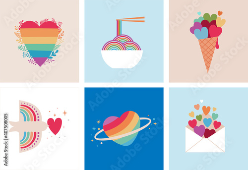 LGBT elements for Valentines day. Love symbols, rainbow, hearts and quotes for gays, lesbian and trans community