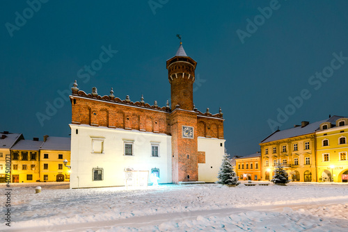 City Hall on Main City Square in Old Town. Tarnow Market Square in Snow at Winter. City Lights.Poland