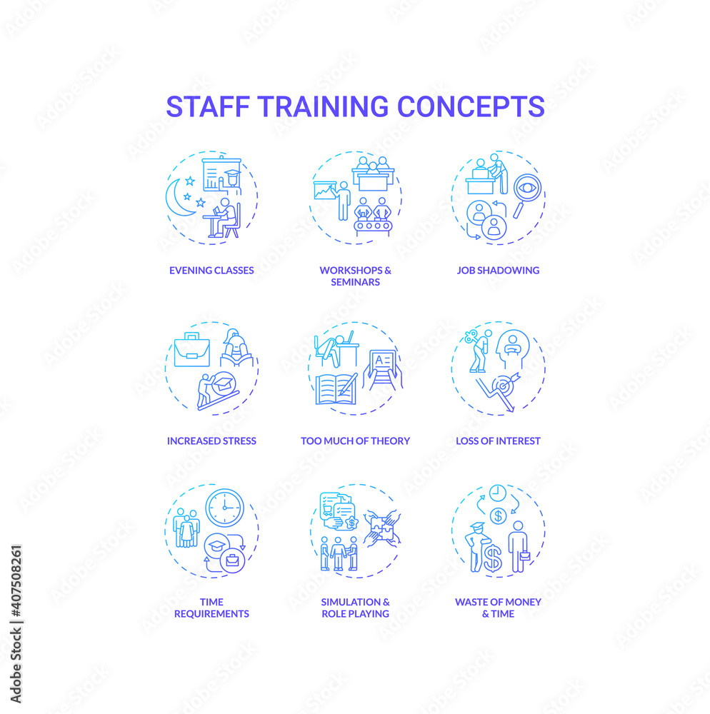 Staff training concept icons set. Employee development idea thin line RGB color illustrations. Evening classes. Stress increasing. Time requirement. Interest loss. Vector isolated outline drawings