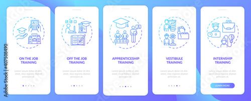 Employee training methods onboarding mobile app page screen with concepts. Vestibule, off-the-job education walkthrough 5 steps graphic instructions. UI vector template with RGB color illustrations