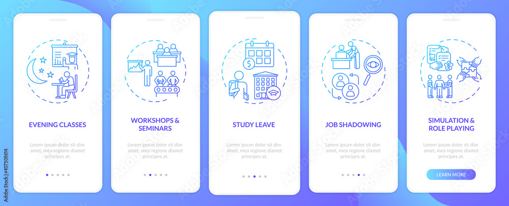 Employee training types onboarding mobile app page screen with concepts. Evening classes, study paid leave walkthrough 5 steps graphic instructions. UI vector template with RGB color illustrations