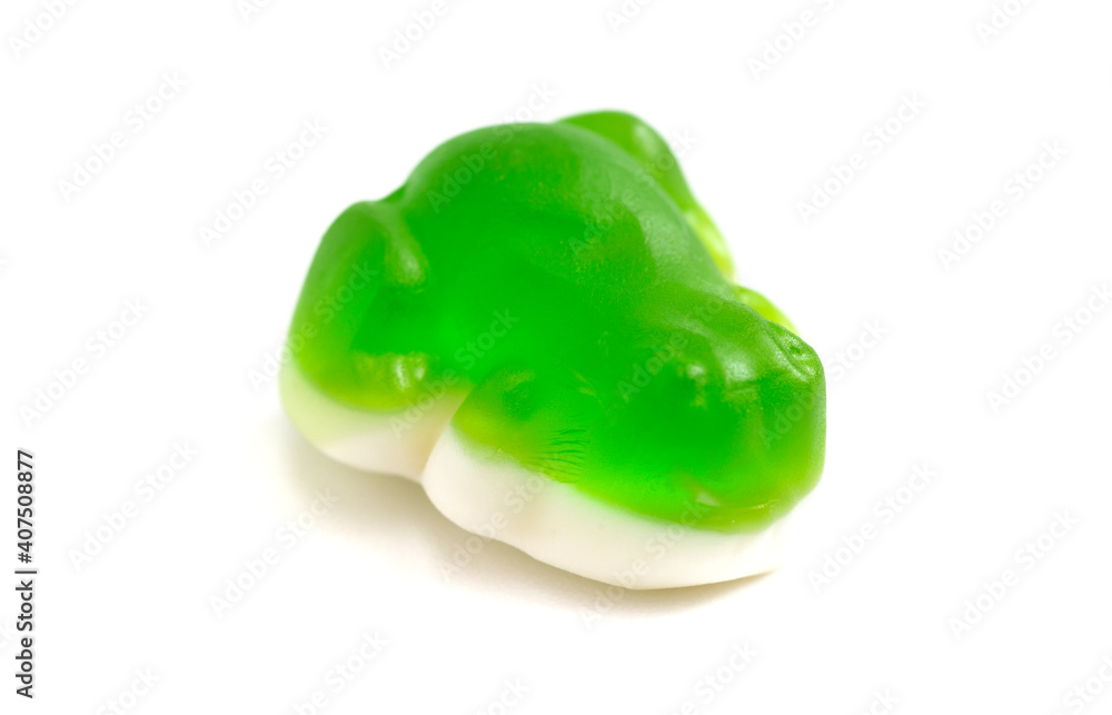 Gummy Green Frogs with a Mashmallow Candy Bottom Layer on a White Background Gummy Green Frogs with a Mashmallow Candy Bottom Layer on a White Background