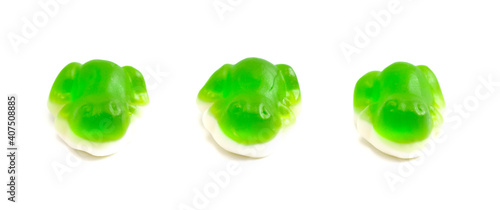 Gummy Green Frogs with a Mashmallow Candy Bottom Layer on a White Background
