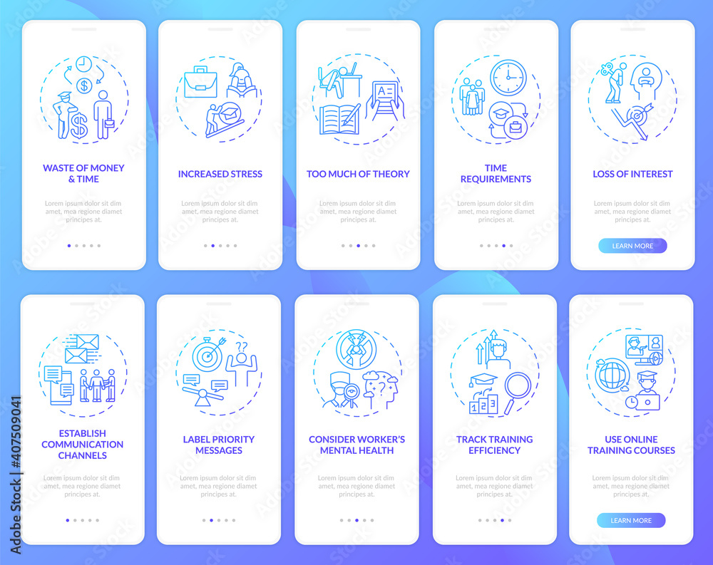Employee training and tutoring onboarding mobile app page screen with concepts set. Office workers reboarding walkthrough 5 steps graphic instructions. UI vector template with RGB color illustrations
