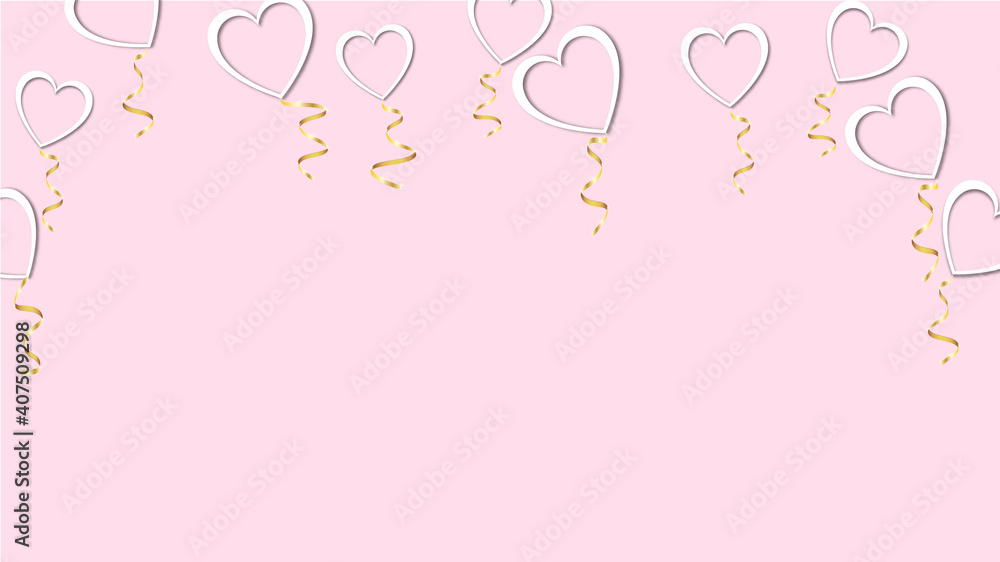 Beautiful abstract texture of white balloons in the shape of hearts with shadows and a golden ribbon for Happy Saint Valentine's Day on a pink background. illustration. Concept: love