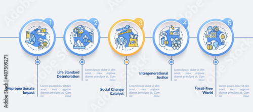 Disproportionate impact. Enviromental protection vector infographic template. Presentation design elements. Data visualization with 5 steps. Process timeline chart. Workflow layout with linear icons