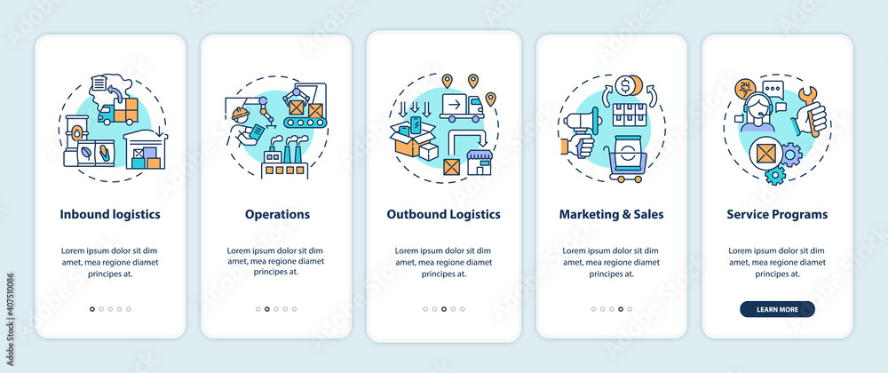 Value chain components onboarding mobile app page screen with concepts. Operations optimization walkthrough 5 steps graphic instructions. UI vector template with RGB color illustrations