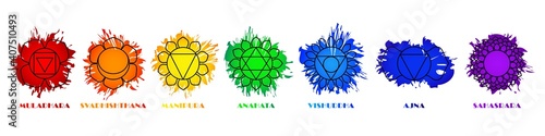 Yoga chakras set. Red energy of muladhara and green nature light anahata orange heal svadhisthana with yellow warming rays vector manipura.