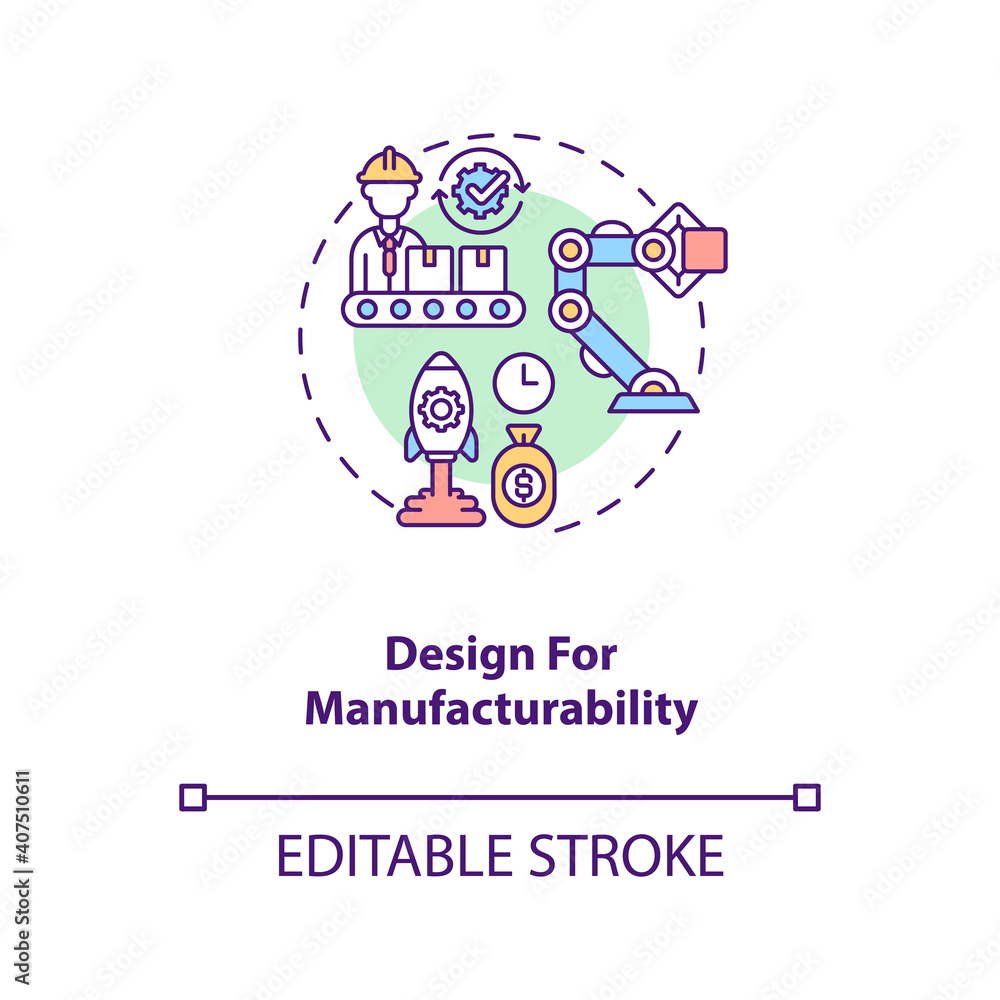 Design for manufacturability concept icon. Cost reduction strategy idea thin line illustration. Business process optimization. Vector isolated outline RGB color drawing. Editable stroke Design for manufacturability concept icon. Cost reduction strategy idea thin line illustration. Business process optimization. Vector isolated outline RGB color drawing. Editable stroke