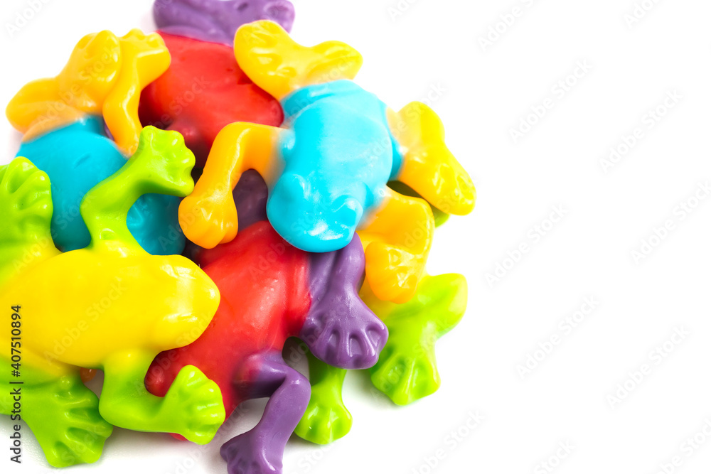 Multicolored Gummy Tree Frog Candies on a White Background Multicolored Gummy Tree Frog Candies on a White Background