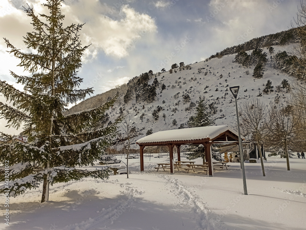 Great snowfall in Espinosa de los Monteros. A monumental and historic city that is covered in snow every year. 