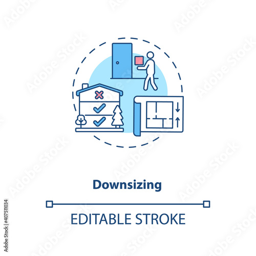 Downsizing concept icon. Manufacture improvement idea thin line illustration. Cost reduction. Company product optimization. Vector isolated outline RGB color drawing. Editable stroke