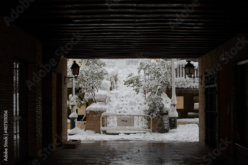 Madrid, Spain; January 9 2021: Snow storm "Filomena" in the Madrid down town.