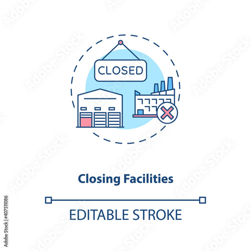 Closing facilities concept icon. Business process improvement idea thin line illustration. Cost reduction. Company work optimization. Vector isolated outline RGB color drawing. Editable stroke