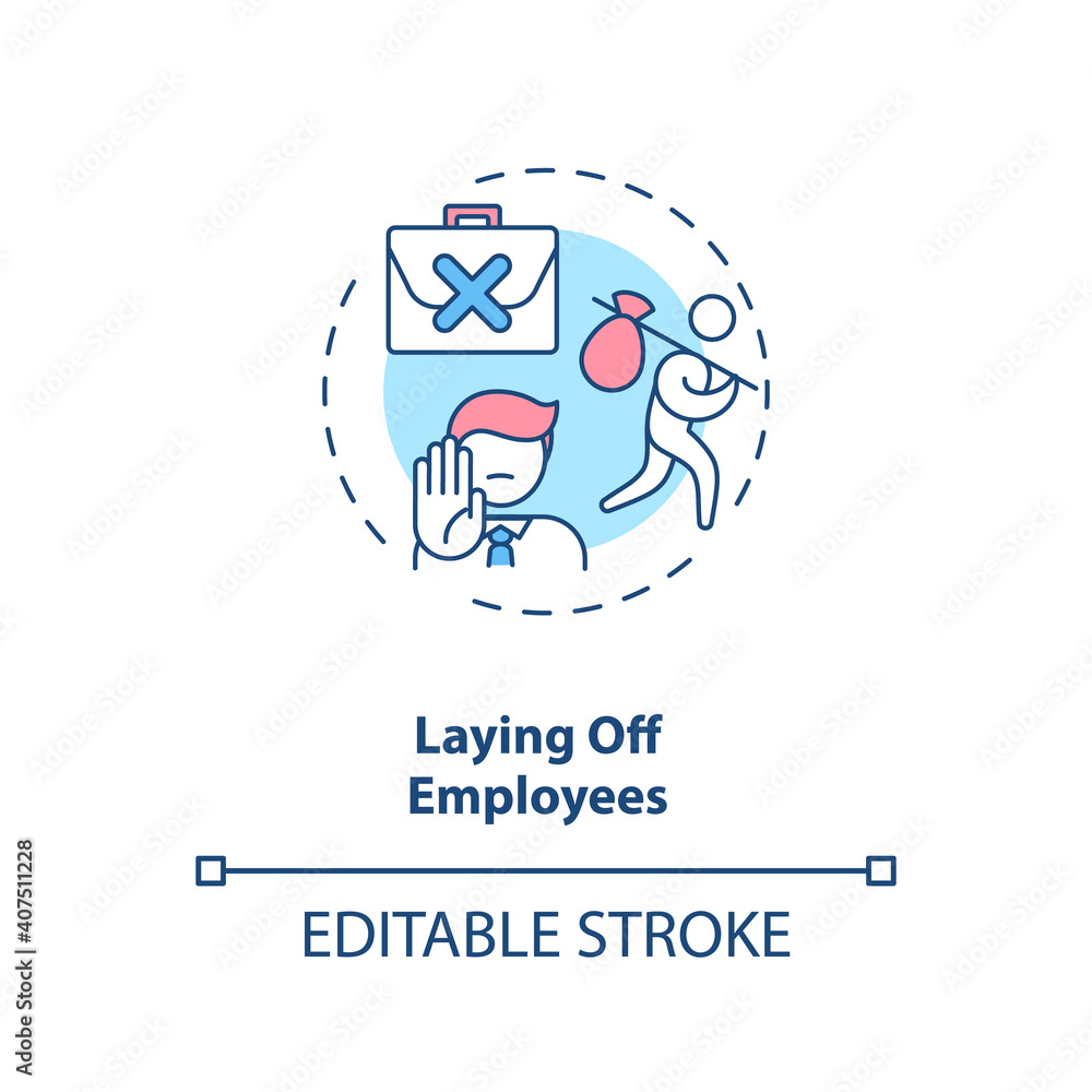 Laying off employes concept icon. Cost reduction idea thin line illustration. Budget optimization. Value chain components. Vector isolated outline RGB color drawing. Editable stroke Laying off employes concept icon. Cost reduction idea thin line illustration. Budget optimization. Value chain components. Vector isolated outline RGB color drawing. Editable stroke
