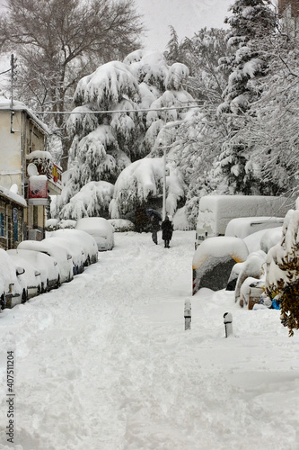 Madrid, Spain; January 9 2021: Snow storm "Filomena" in the Madrid down town.