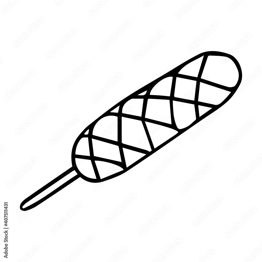 Black hand-drawn outline vector illustration of a lula kebab on a wooden stick isolated on a white background for holiday or dinner for cooking book Black hand-drawn outline vector illustration of a lula kebab on a wooden stick isolated on a white background for holiday or dinner for cooking book