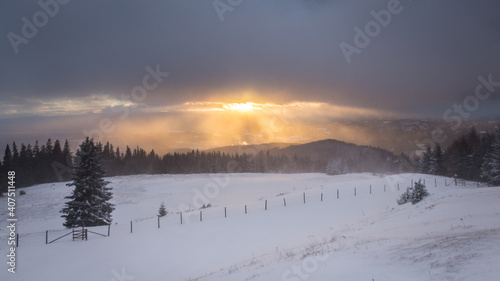 Sunset view on a cold and stormy winter day