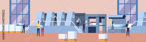 Printing house polygraphy industry composition with diverse multiracial human characters, plant and machinery and printer consumable images. Flat cartoon vector illustration