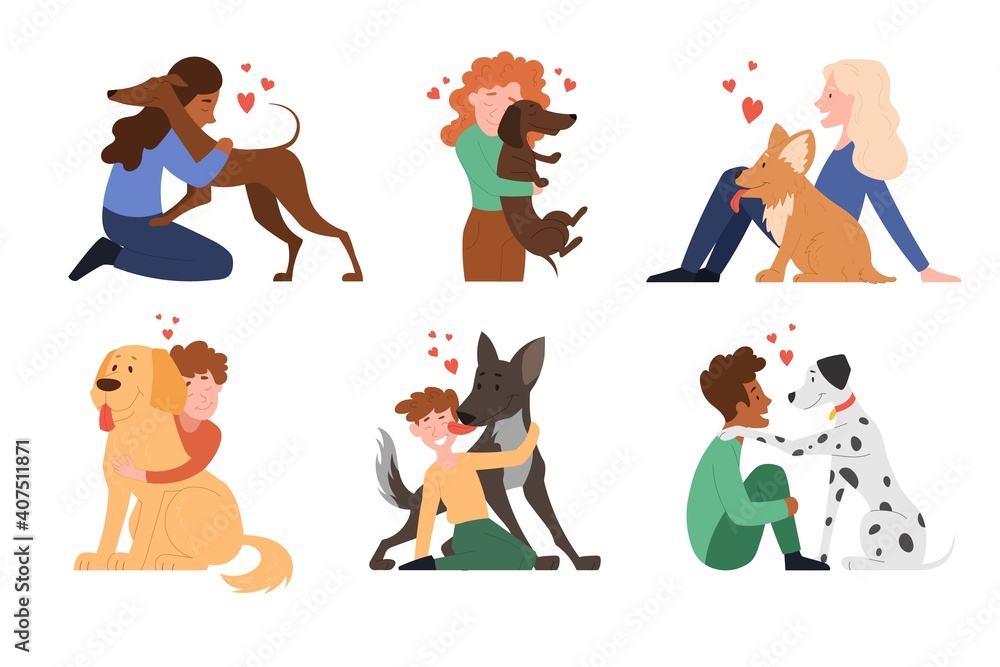 Multiracial children hugging dog pets vector illustration, happy girls and smiling boys with puppies, domestic animals concept. Set of flat cartoon vector illustrations isolated on white background Multiracial children hugging dog pets vector illustration, happy girls and smiling boys with puppies, domestic animals concept. Set of flat cartoon vector illustrations isolated on white background