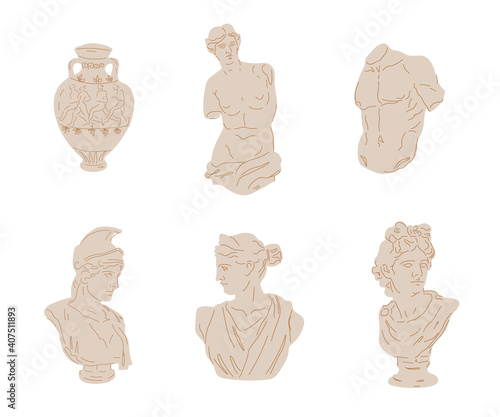 Set of different antique Greek marble statue. Classical art statues of Ancient gods, flat vector illustration in trendy modern style isolated on white background.