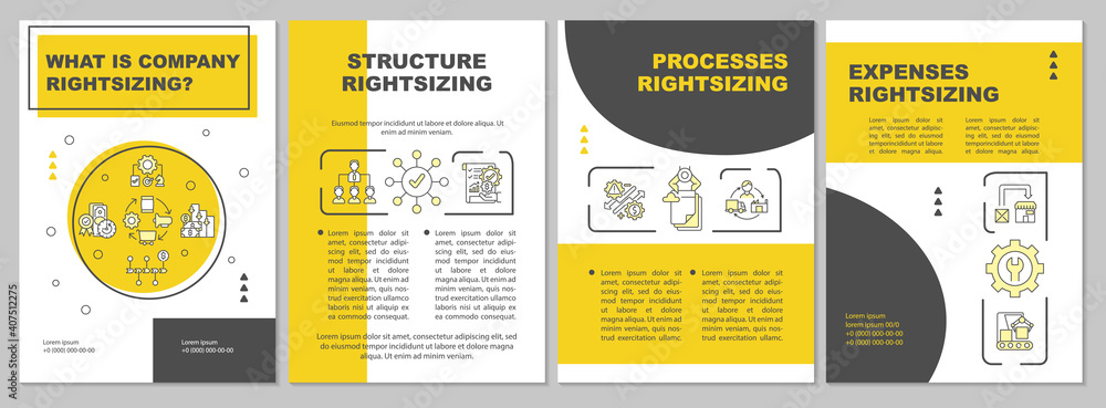 What is company rightsizing brochure template. Processes rightsizing. Flyer, booklet, leaflet print, cover design with linear icons. Vector layouts for magazines, annual reports, advertising posters
