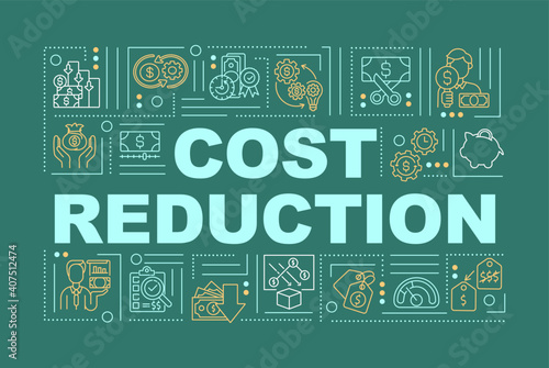 Cost reduction word concepts banner. Decreasing of budget from different expenses. Infographics with linear icons on green background. Isolated typography. Vector outline RGB color illustration