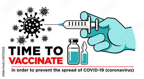 Hand of doctor or nurse in medical glove makes vaccine against coronavirus. Bottle and vial containing drug for COVID-19. Time to vaccinate poster or website landing page, vector