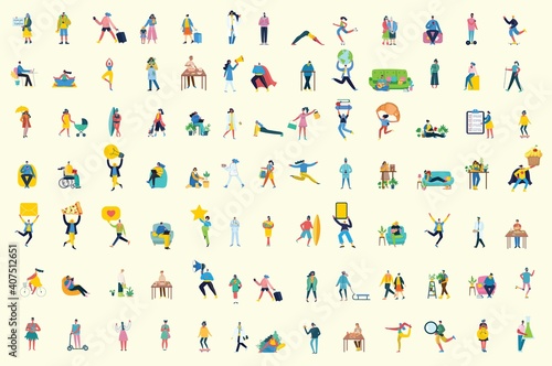 Set of people, men and women with different signs - book, work on laptop, search with magnifier, communicate.