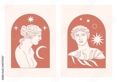 Abstract contemporary aesthetic background set with classic marble woman goddess statue in modern style. Boho wall decor. Minimalist art print. Aphrodite Venus Portrait. Antique greek sculpture.