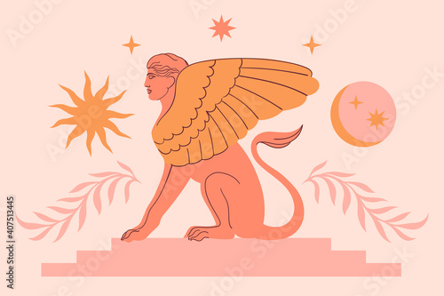 Abstract contemporary aesthetic background with classic marble sphinx statue in modern style. Boho wall decor. Minimalist art print. Antique greek sculpture. Ancient mythology tale. Sun, Moon, stars.