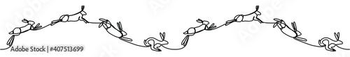 Seamless horizontal border of jumping rabbits Continuous line.  Repeating ornament galloping  hares - set for Easter, hunting, wildlife concept,etc. Running rabbits for fill space. Vector illustration