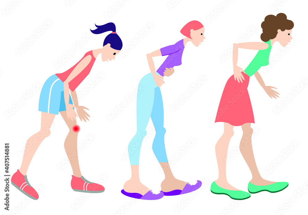 Vector illustration-a set of female figures with physical ailments and pain: back, stomach and knee injury during sports isolated. The concept of health and medicine. Vector illustration-a set of female figures with physical ailments and pain: back, stomach and knee injury during sports isolated. The concept of health and medicine.