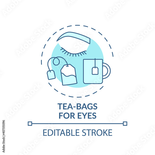 Tea-bags for eyes concept icon. At-home face care procedure idea thin line illustration. Reducing dark circles, puffiness and redness. Vector isolated outline RGB color drawing. Editable stroke