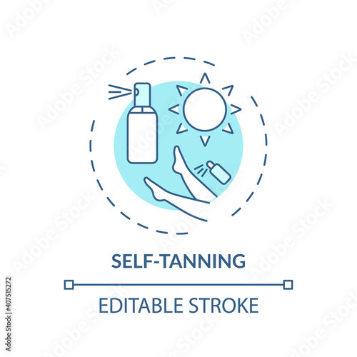 Self-tanning concept icon. Home beauty treatment idea thin line illustration. Lotions, creams and sprays. Sunless, fake tanning products. Vector isolated outline RGB color drawing. Editable stroke